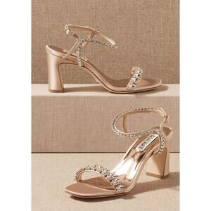 Badgley Mischka Marilee Heels 9 Jewel Satin Tan Beige Gold Nude Wdding Bridal